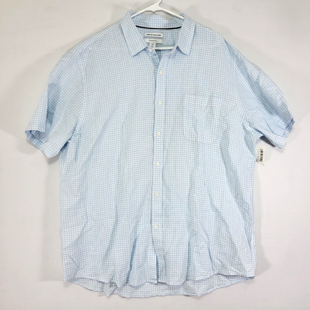 Amazon Essentials Mens‎ SHORT Sleeve Button up Blue Checked Linen Blend SLIM XXL